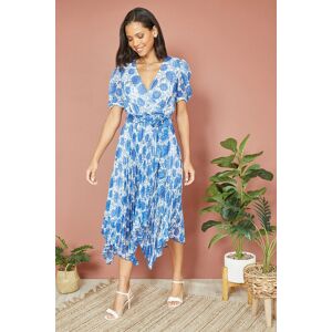 Yumi Women's Blue Floral Pleated Midi Dress With Puff Sleeves Size: 14 Blue 14 Yumi Women's Blue Floral Pleated Midi Dress With Puff Sleeves Size: 14 Blue 14
