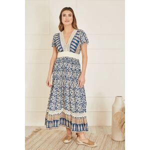 Yumi Women's Navy Viscose Leaf Print Maxi Dress With Lace Trim in Blue Size: 10 Blue 10 Yumi Women's Navy Viscose Leaf Print Maxi Dress With Lace Trim in Blue Size: 10 Blue 10