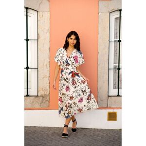 Yumi Women's Ivory Bird & Floral Print Ruched Waist Kimono Midi Dress in White Size: 16 White 16 Yumi Women's Ivory Bird & Floral Print Ruched Waist Kimono Midi Dress in White Size: 16 White 16