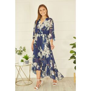 Yumi Women's Navy Floral Kimono Sleeves Dip Hem Wrap Midi Dress Size: 12 Navy 12 Yumi Women's Navy Floral Kimono Sleeves Dip Hem Wrap Midi Dress Size: 12 Navy 12