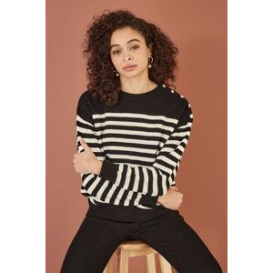 Yumi Women's Black Stripe Knitted Relaxed Jumper With Button Details Size: S/M Black S/M Yumi Women's Black Stripe Knitted Relaxed Jumper With Button Details Size: S/M Black S/M