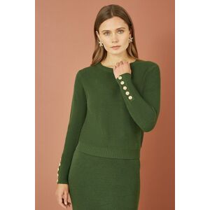 Yumi Women's Green Rib Knitted Jumper With Sleeve Button Detail Size: Small Green S Yumi Women's Green Rib Knitted Jumper With Sleeve Button Detail Size: Small Green S