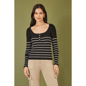 Yumi Women's Black Stripe Rib Knitted Long Sleeve Top With Button Details Size: Large Black L Yumi Women's Black Stripe Rib Knitted Long Sleeve Top With Button Details Size: Large Black L