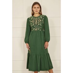 Yumi Women's Green Long Sleeve Midi Dress With Floral Embroidery Bodice Size: 10 Green 10 Yumi Women's Green Long Sleeve Midi Dress With Floral Embroidery Bodice Size: 10 Green 10