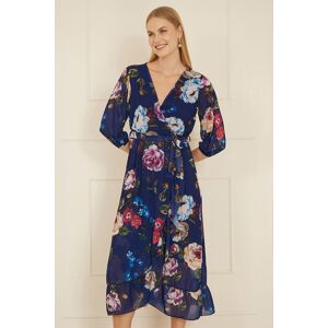 Yumi Women's Navy Watercolour Dip Hem Midi Wrap Dress Size: 16 Navy 16 Yumi Women's Navy Watercolour Dip Hem Midi Wrap Dress Size: 16 Navy 16