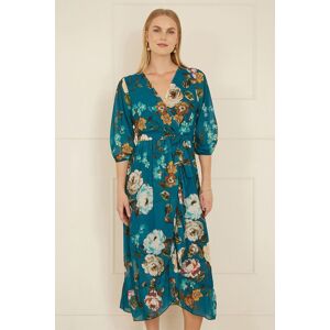 Yumi Women's Teal Watercolour Dip Hem Midi Wrap Dress Size: 16 Teal 16 Yumi Women's Teal Watercolour Dip Hem Midi Wrap Dress Size: 16 Teal 16