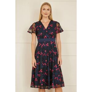 Yumi Women's Navy Embroidered Floral Mesh Wrap Midi Skater Dress Size: 12 Navy 12 Yumi Women's Navy Embroidered Floral Mesh Wrap Midi Skater Dress Size: 12 Navy 12