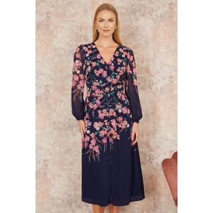 Yumi Women's Navy Button Up Midi Dress With Floral Placement & Long Sleeves Size: 8 Navy 8 Yumi Women's Navy Button Up Midi Dress With Floral Placement & Long Sleeves Size: 8 Navy 8