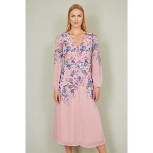 Yumi Women's Pink Floral Placement Button Down Midi Dress With Long Sleeves Size: 8 Pink 8 Yumi Women's Pink Floral Placement Button Down Midi Dress With Long Sleeves Size: 8 Pink 8