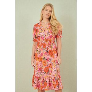 Yumi Women's Pink Floral Midi Dress With Frill Hem & Puff Sleeves Size: 14 Pink 14 Yumi Women's Pink Floral Midi Dress With Frill Hem & Puff Sleeves Size: 14 Pink 14