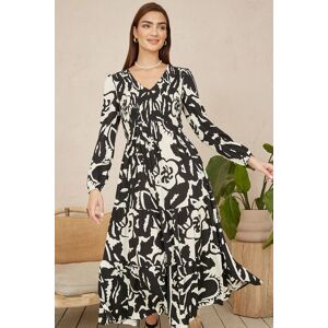 Yumi Women's Black Abstract Print Ruched Midi Dress With Long Sleeves Size: 12 Black 12 Yumi Women's Black Abstract Print Ruched Midi Dress With Long Sleeves Size: 12 Black 12