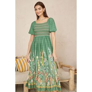 Yumi Women's Green Ruched Leaf Print Maxi Dress With Puff Sleeves Size: 14 Green 14 Yumi Women's Green Ruched Leaf Print Maxi Dress With Puff Sleeves Size: 14 Green 14