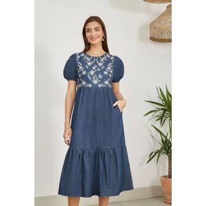 Yumi Women's Blue Chambray Denim Midi Dress With Embroidery & Puff Sleeves Size: 16 Blue 16 Yumi Women's Blue Chambray Denim Midi Dress With Embroidery & Puff Sleeves Size: 16 Blue 16