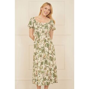 Yumi Women's White Cotton Palm Print Ruched Midi Dress in Beige Size: 10 Beige 10 Yumi Women's White Cotton Palm Print Ruched Midi Dress in Beige Size: 10 Beige 10