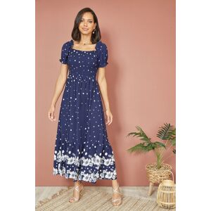 Yumi Women's Navy Spot & Floral Print Border Ruched Midi Dress Size: 10 Navy 10 Yumi Women's Navy Spot & Floral Print Border Ruched Midi Dress Size: 10 Navy 10