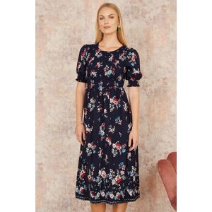 Yumi Women's Navy Recycled Floral Ruched Midi Dress With Puff Sleeves Size: 10 Navy 10 Yumi Women's Navy Recycled Floral Ruched Midi Dress With Puff Sleeves Size: 10 Navy 10