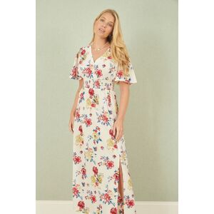 Yumi Women's White Floral Recycled Fabric Ruched Waist Midi Dress in Ivory Size: 16 Ivory 16 Yumi Women's White Floral Recycled Fabric Ruched Waist Midi Dress in Ivory Size: 16 Ivory 16