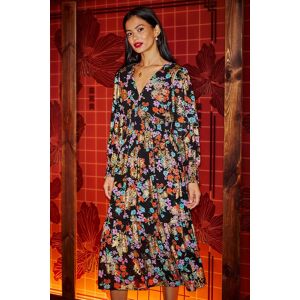 Yumi Women's Black Floral & Foil Ruched Midi Dress With Split Hemline Size: 8 Black 8 Yumi Women's Black Floral & Foil Ruched Midi Dress With Split Hemline Size: 8 Black 8