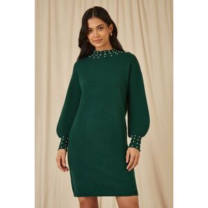 Yumi Women's Green Pearl Detail Knitted Relaxed Jumper Dress Size: Large Green L Yumi Women's Green Pearl Detail Knitted Relaxed Jumper Dress Size: Large Green L