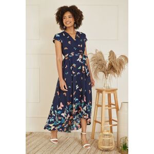 Yumi Women's Navy Butterfly Print Dip Hem Midi Wrap Dress Size: 22 Navy 22 Yumi Women's Navy Butterfly Print Dip Hem Midi Wrap Dress Size: 22 Navy 22