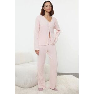 HOXTON GAL Women's Knitted Pyjama Set with Button Up Cardigan & Straight Leg Trousers in Pink Size: Medium Pink M HOXTON GAL Women's Knitted Pyjama Set with Button Up Cardigan & Straight Leg Trousers in Pink Size: Medium Pink M