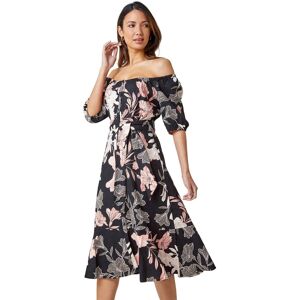 Roman Women's Floral Linen Blend Bardot Midi Dress in Black Size: 8 Black 8 Roman Women's Floral Linen Blend Bardot Midi Dress in Black Size: 8 Black 8