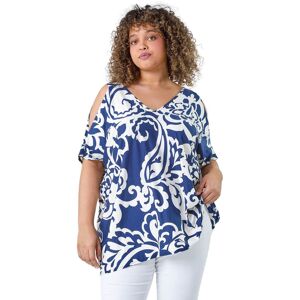 Roman Women's Curve Floral Print V-Neck Cold Shoulder Top in Navy Size: 30-32 Navy 30-32 Roman Women's Curve Floral Print V-Neck Cold Shoulder Top in Navy Size: 30-32 Navy 30-32