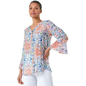 Roman Women's Abstract Floral Frill Sleeve Top in Blue Size: 12 Blue 12 Roman Women's Abstract Floral Frill Sleeve Top in Blue Size: 12 Blue 12