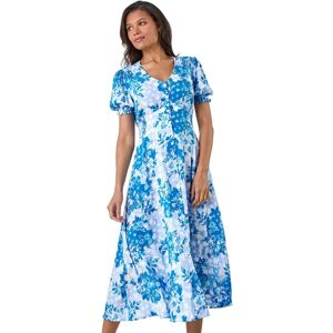 Roman Women's Button Through Floral Shirred Midi Dress in Blue Size: 14 Blue 14 Roman Women's Button Through Floral Shirred Midi Dress in Blue Size: 14 Blue 14