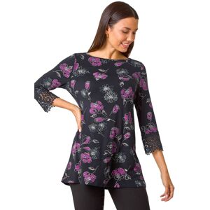 Roman Women's Floral Print Lace Detail Stretch Top in Black Size: 10 Black 10 Roman Women's Floral Print Lace Detail Stretch Top in Black Size: 10 Black 10