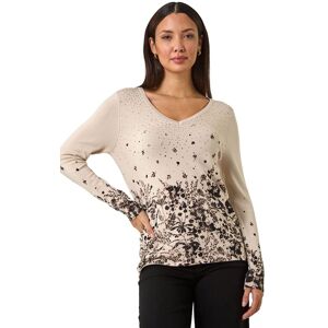 Roman Women's Floral Hotfix V-Neck Knit Jumper in Beige Size: 10 Beige 10 Roman Women's Floral Hotfix V-Neck Knit Jumper in Beige Size: 10 Beige 10