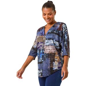 Roman Women's Abstract Print Front Zip Stretch Top in Blue Size: 10 Blue 10 Roman Women's Abstract Print Front Zip Stretch Top in Blue Size: 10 Blue 10