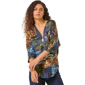 Roman Women's Abstract Print Front Zip Stretch Top in Green Size: 10 Green 10 Roman Women's Abstract Print Front Zip Stretch Top in Green Size: 10 Green 10