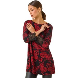 Roman Women's Floral Print Lace Trim Stretch Top in Red Size: 16 Red 16 Roman Women's Floral Print Lace Trim Stretch Top in Red Size: 16 Red 16