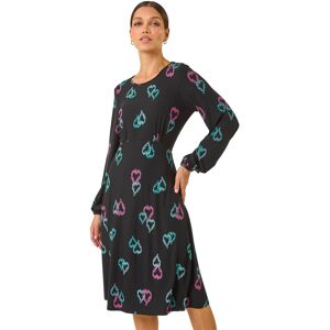 Roman Women's Heart Print Tea Stretch Midi Dress in Black Size: 14 Black 14 Roman Women's Heart Print Tea Stretch Midi Dress in Black Size: 14 Black 14