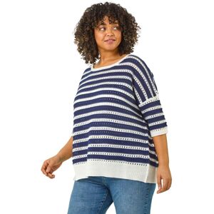 Roman Women's Curve Crochet Stripe Knit Top in Navy Size: 26-28 Navy 26-28 Roman Women's Curve Crochet Stripe Knit Top in Navy Size: 26-28 Navy 26-28