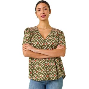 Roman Women's Printed Shirred Shoulder Blouse in Khaki Size: 18 Khaki 18 Roman Women's Printed Shirred Shoulder Blouse in Khaki Size: 18 Khaki 18