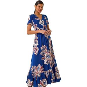 Roman Women's Leaf Print Shirred Maxi Dress in Blue Size: 12 Blue 12 Roman Women's Leaf Print Shirred Maxi Dress in Blue Size: 12 Blue 12
