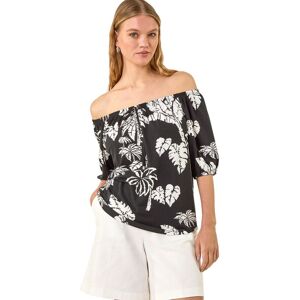 Roman Women's Leaf Print Bardot Tie Front Stretch Top in Black Size: 18 Black 18 Roman Women's Leaf Print Bardot Tie Front Stretch Top in Black Size: 18 Black 18