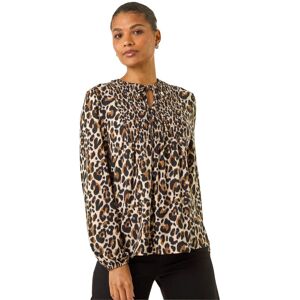 Roman Women's Animal Print Shirred Tie Neck Top in Tan Size: 16 Tan 16 Roman Women's Animal Print Shirred Tie Neck Top in Tan Size: 16 Tan 16