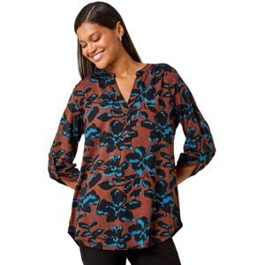 Roman Women's Floral Print V-Neck Stretch Top in Brown Size: 14 Brown 14 Roman Women's Floral Print V-Neck Stretch Top in Brown Size: 14 Brown 14