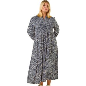 Roman Women's Curve Abstract Print Shirred Midi Dress in Blue Size: 26-28 Blue 26-28 Roman Women's Curve Abstract Print Shirred Midi Dress in Blue Size: 26-28 Blue 26-28
