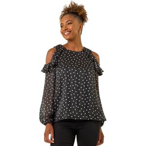 Roman Women's Spot Print Frill Cold Shoulder Top in Black Size: 18 Black 18 Roman Women's Spot Print Frill Cold Shoulder Top in Black Size: 18 Black 18