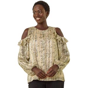 Roman Women's Snake Print Frill Cold Shoulder Top in Stone Size: 12 Stone 12 Roman Women's Snake Print Frill Cold Shoulder Top in Stone Size: 12 Stone 12