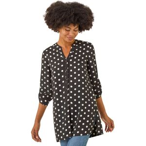 Roman Women's Spot Print Longline Buttoned Blouse in Black Size: 16 Black 16 Roman Women's Spot Print Longline Buttoned Blouse in Black Size: 16 Black 16
