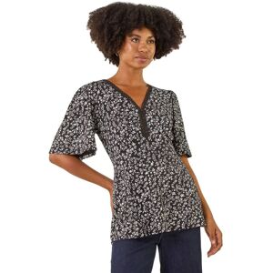 Roman Women's Floral Print V-Neck Lace Stretch Top in Black Size: 12 Black 12 Roman Women's Floral Print V-Neck Lace Stretch Top in Black Size: 12 Black 12