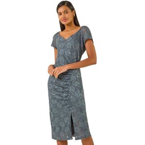 Roman Women's Shimmer Lace Side Ruched Stretch Dress in Grey Size: 14 Grey 14 Roman Women's Shimmer Lace Side Ruched Stretch Dress in Grey Size: 14 Grey 14
