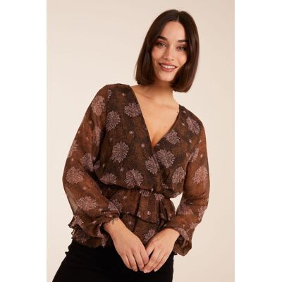 Blue Vanilla Women's Floral Ruffle Wrap Blouse in Brown Size: 8 Brown 8 Blue Vanilla Women's Floral Ruffle Wrap Blouse in Brown Size: 8 Brown 8