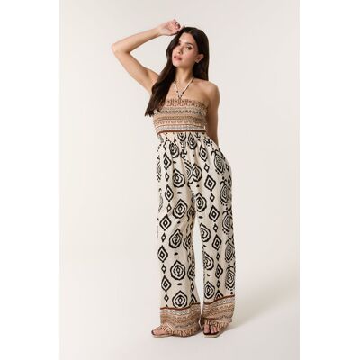 Blue Vanilla Women's Stone Print Strapless Bandeau Shirred Jumpsuit Size: Medium/Large Stone M/L Blue Vanilla Women's Stone Print Strapless Bandeau Shirred Jumpsuit Size: Medium/Large Stone M/L
