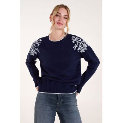Blue Vanilla Women's Embroidered Shoulder Jumper in Navy Size: Medium/Large Navy M/L Blue Vanilla Women's Embroidered Shoulder Jumper in Navy Size: Medium/Large Navy M/L
